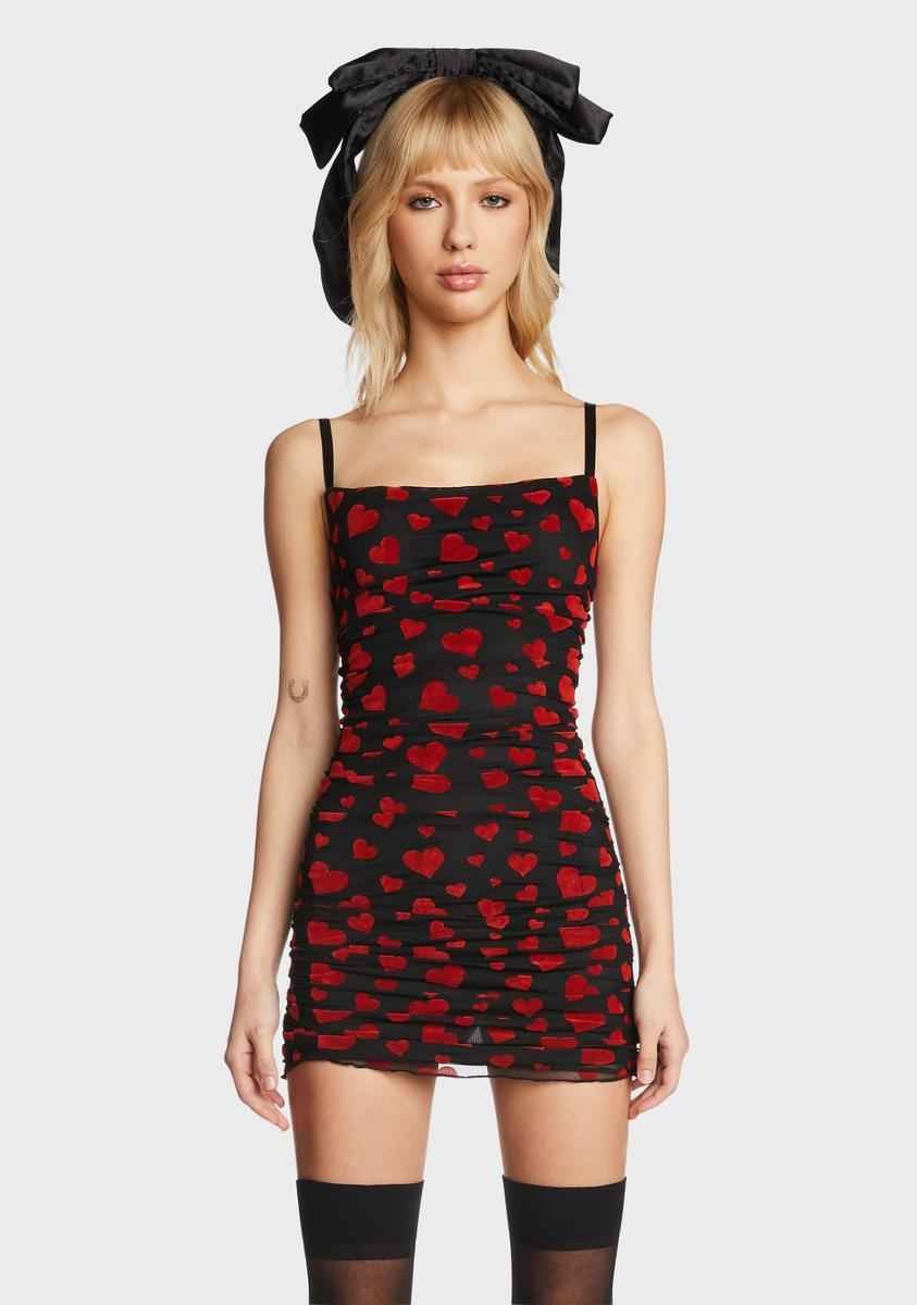 Sugar Thrillz Heart Print Ruched Mini Dress - Black/Red