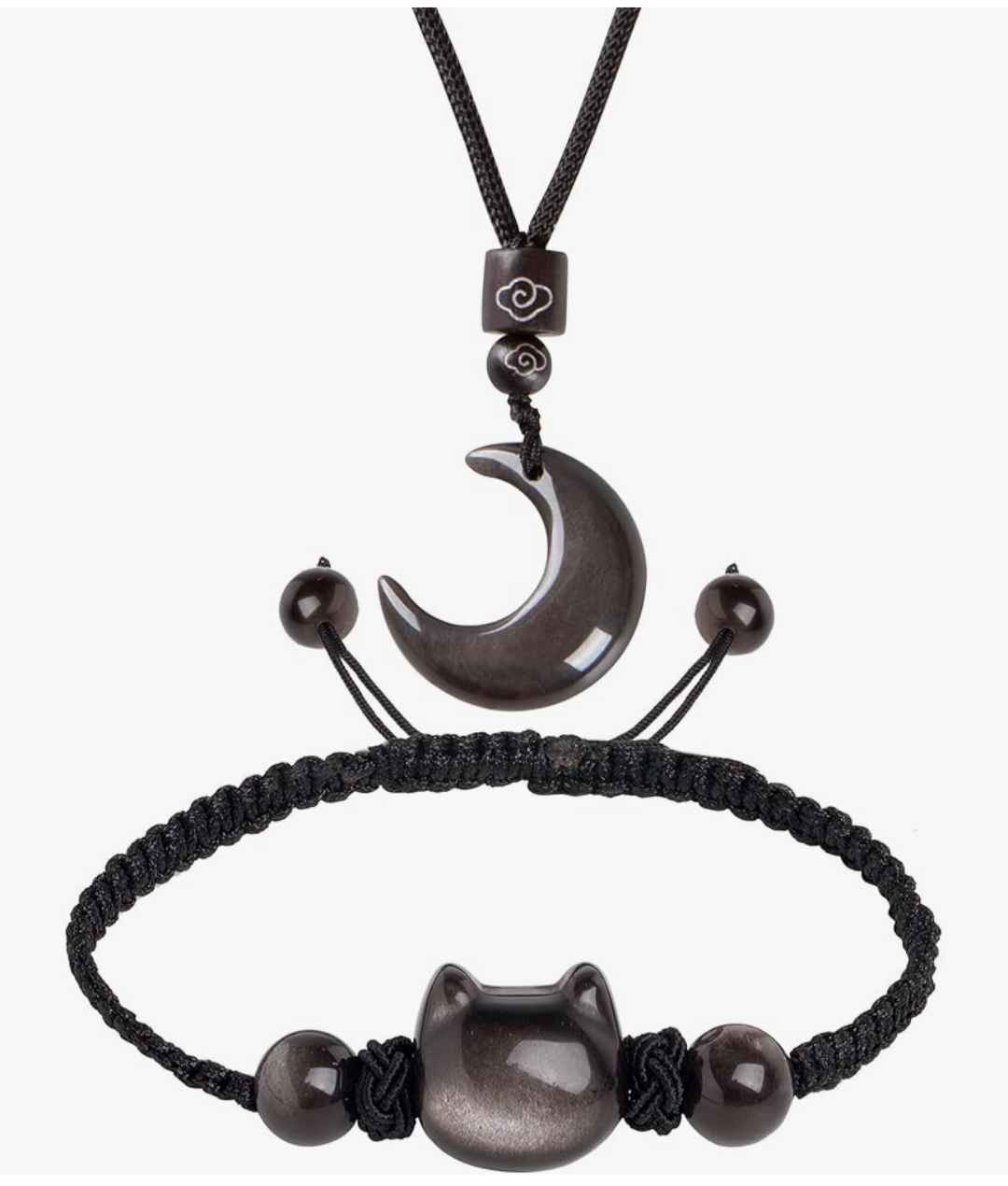 Obsidian Cat Bracelet with Moon pendant