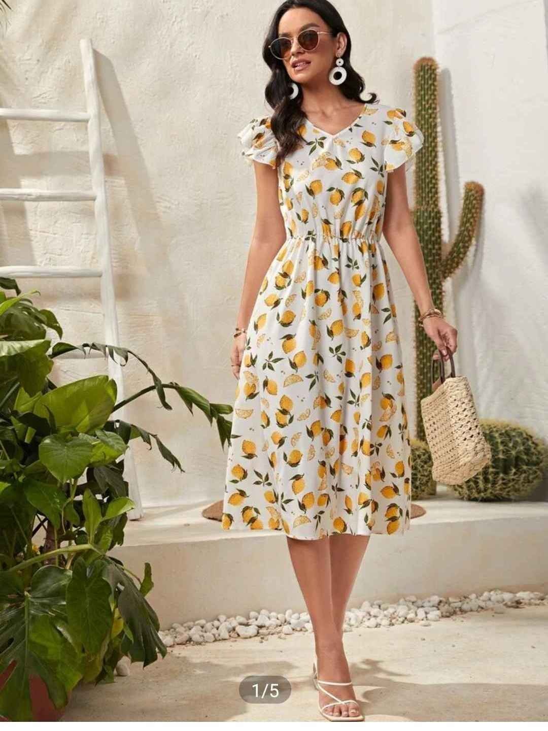 Lemon Print Flutter Sleeve Dress