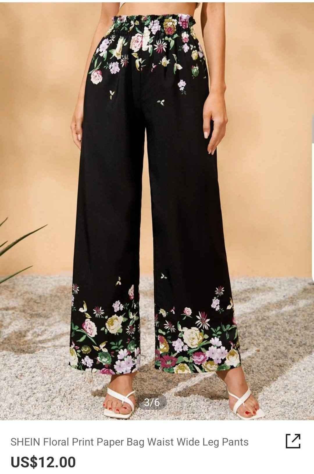 SHEIN Floral Print Paper Bag Waist Wide Leg Pants