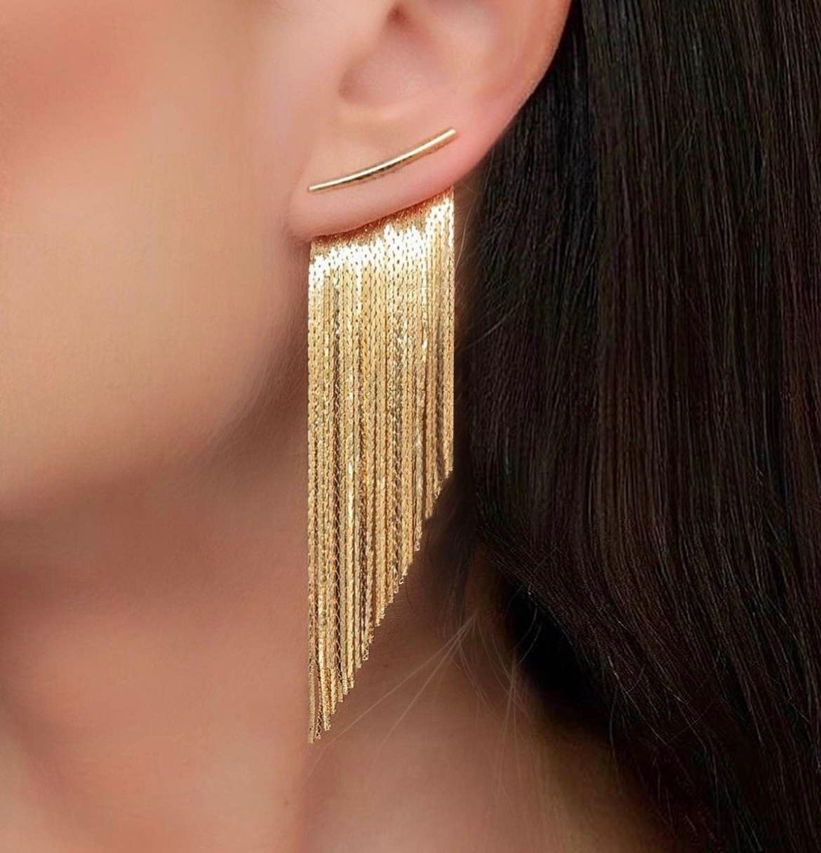 Fringe Tassel Earrings - Gold - Long