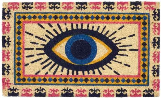 Yellow and Blue Evil Eye Coir Doormat - World Market