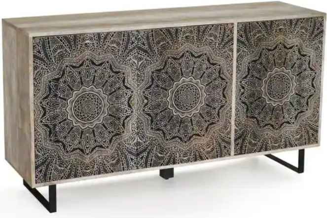 DH BASIC Solid Wood 55" Storage Credenza Entryway Accent Cabinet by Denhour - Dahlia Mandala