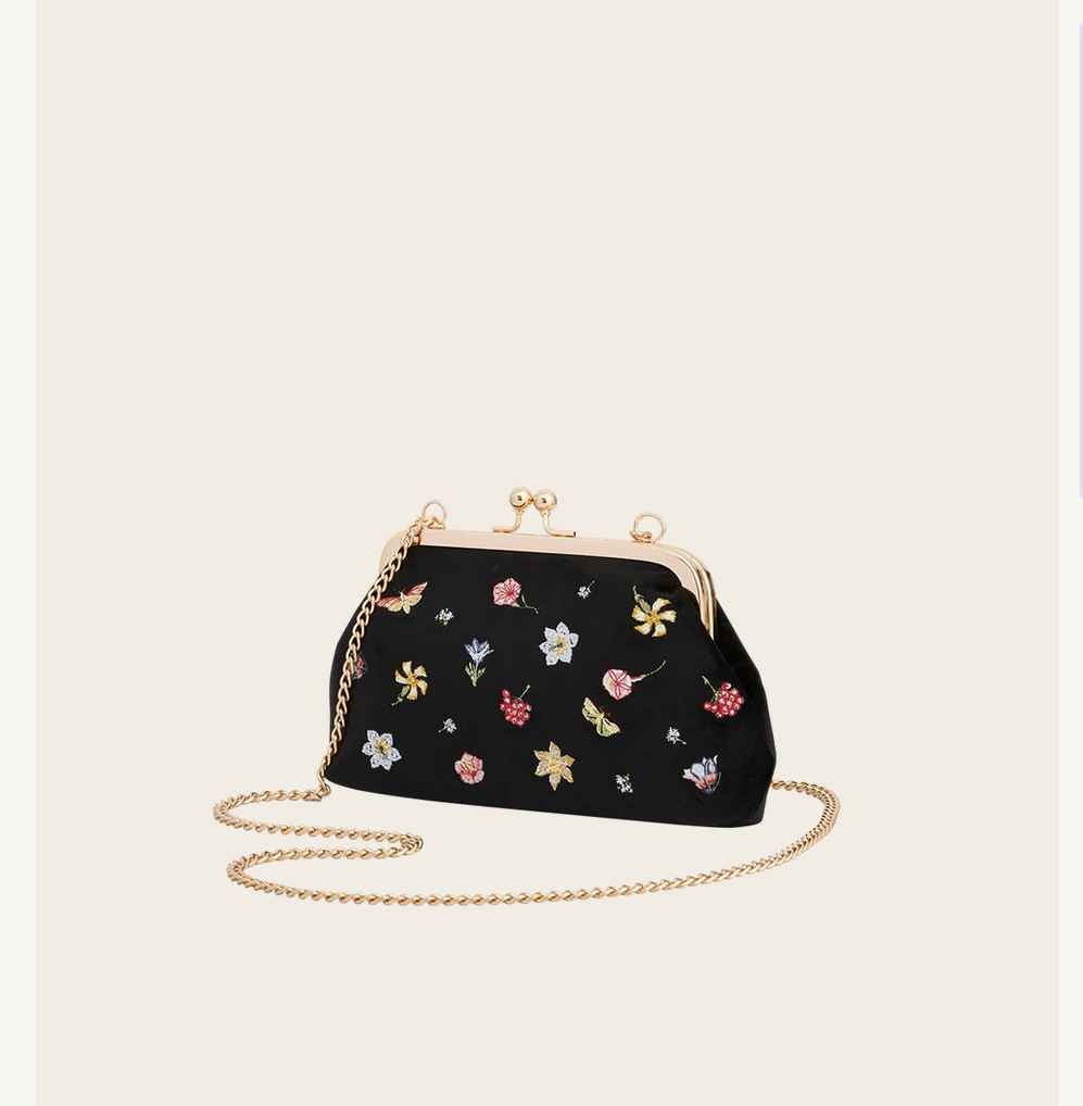Floral Ditsy Embroidered Black Velvet Clutch Bag