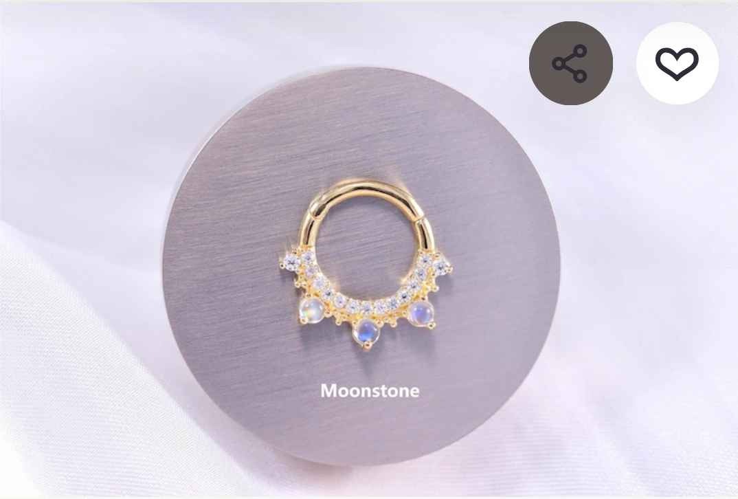 14K Solid Gold Moonstone Septum Ring, Moissanite Daith Hoop