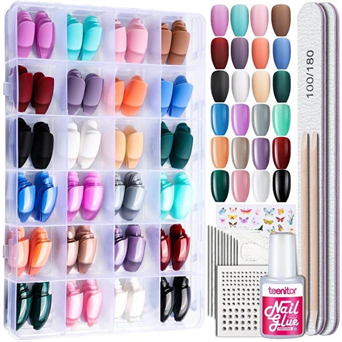 Coffin Press On Nails Set, Teenitor 24 Packs 576PCS Press On Nails Short Coffin, Glue On Nails Medium Length, 12 Colors Coffin Matte Press On Nails, 12 Colors Glossy Press On Coffin Nails, Medium Coffin Fake Nails With Nail Glue, Nail Adhesive Tabs, 