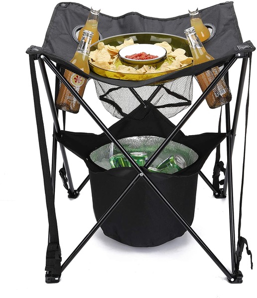 Mind Reader TAILGABLE-BLK Collapsible Folding Table with Insulated Cooler, Food Basket, and Travel Bag for Barbeque, Picnic, Camping, and Tailgate, Black