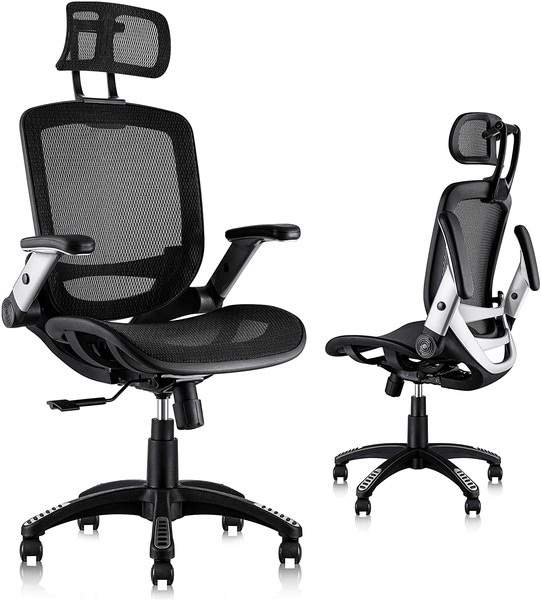 Gabrylly Ergonomic Mesh Office Chair, High Back Desk Chair - Adjustable Headrest with Flip-Up Arms, Tilt Function, Lumbar Support and PU Wheels, Swivel Computer Task Chair