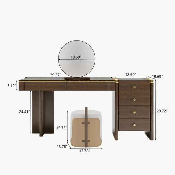 Mid Century Modern Makeup Vanity Set with Mirror, Glass Top, 6 Drawers, Stool, 50.39'', Walnut Veneer