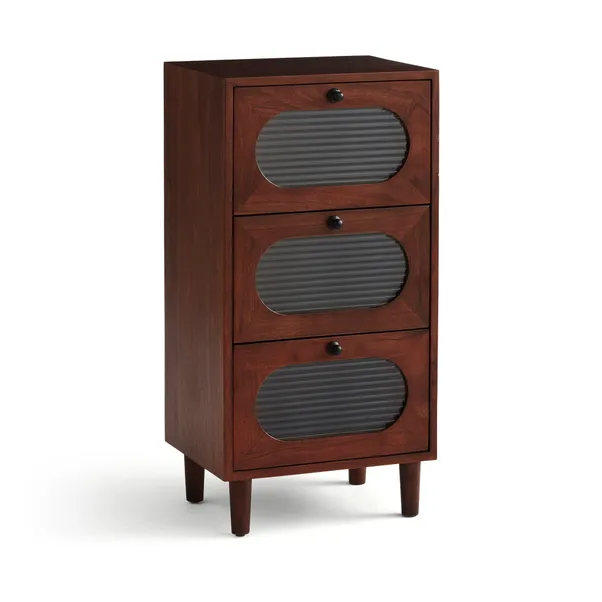 Elias 3 Drawer Cabinet, Acacia Wood and Reeded Glass