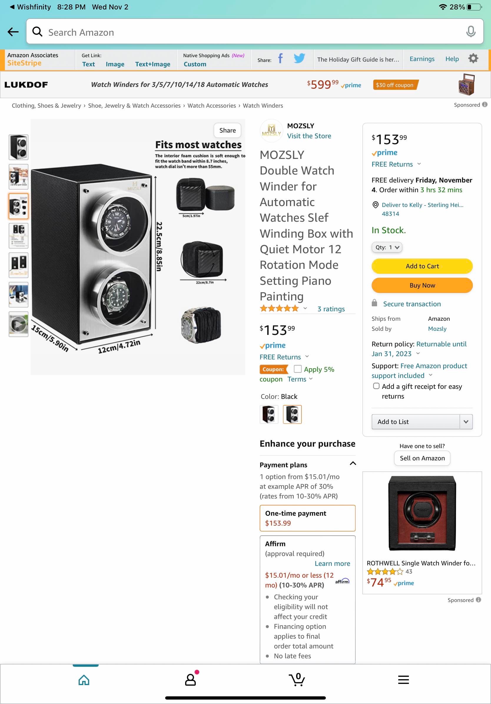 MOZSLY Double Watch Winder for Automatic Watches Slef Winding Box with Quiet Motor 12 Rotation Mode Setting Piano Painting