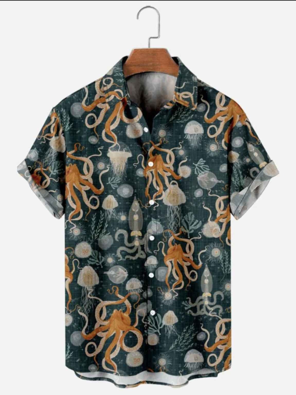 Mens Jellyfish Octopus Print Retro Hawaiian Short Sleeve Shirt