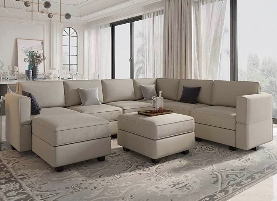 elffin Modular Sectional Sofa with Storage Seat Oversized U Shaped Couch with Reversible Chaise Sofa Set with Ottoman Velvet Grey