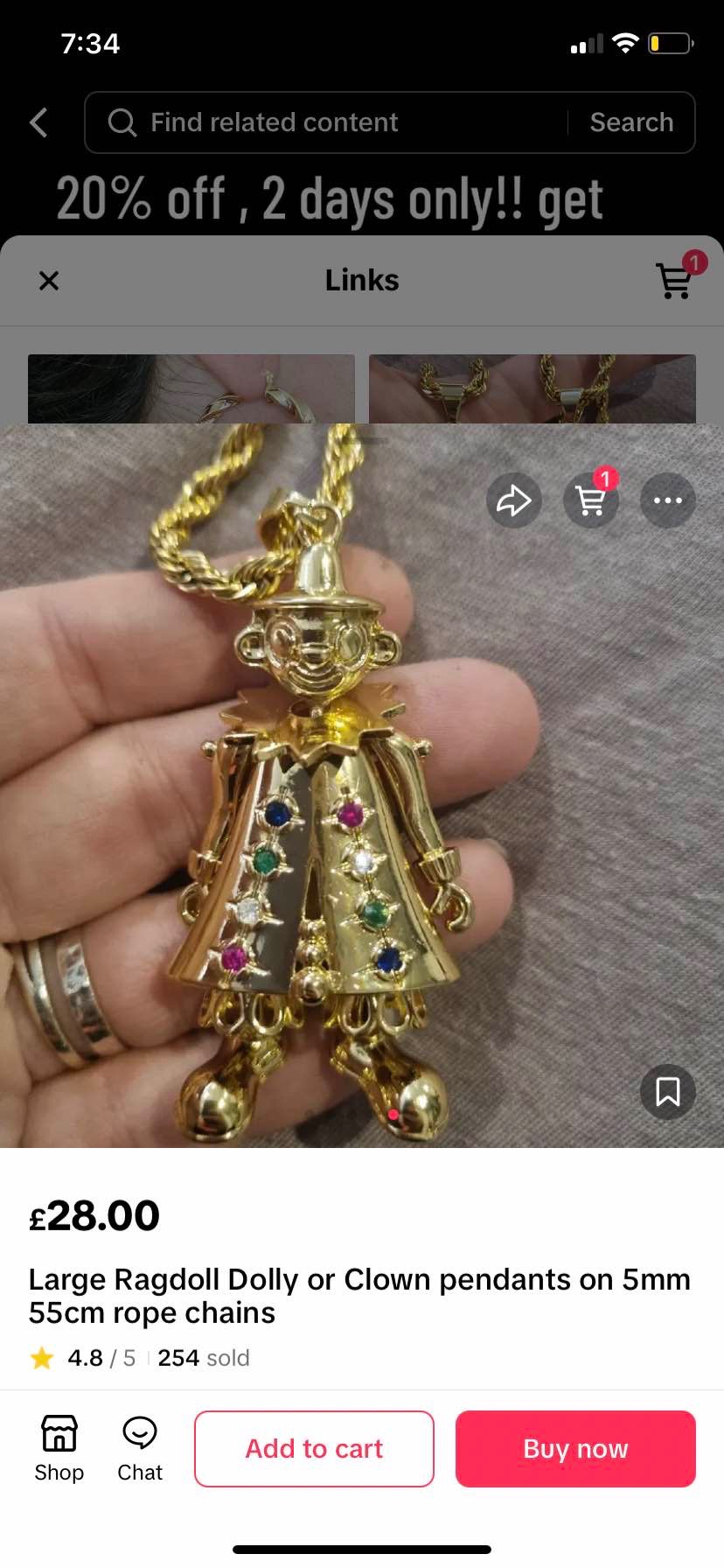 Large Ragdoll Dolly or Clown pendants on 5mm 55cm rope chains