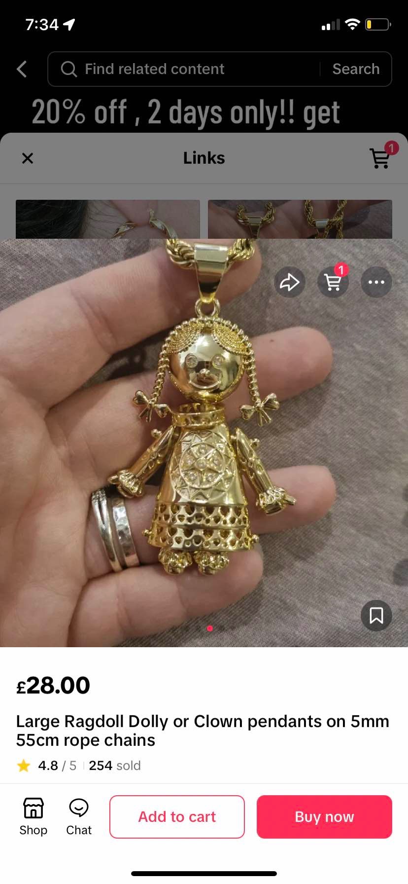 Large Ragdoll Dolly or Clown pendants on 5mm 55cm rope chains