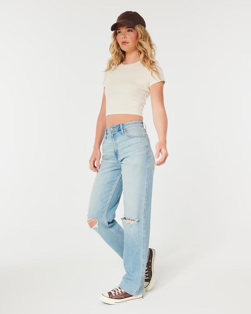 ULTRA HIGH-RISE RIPPED LIGHT WASH DAD JEANS