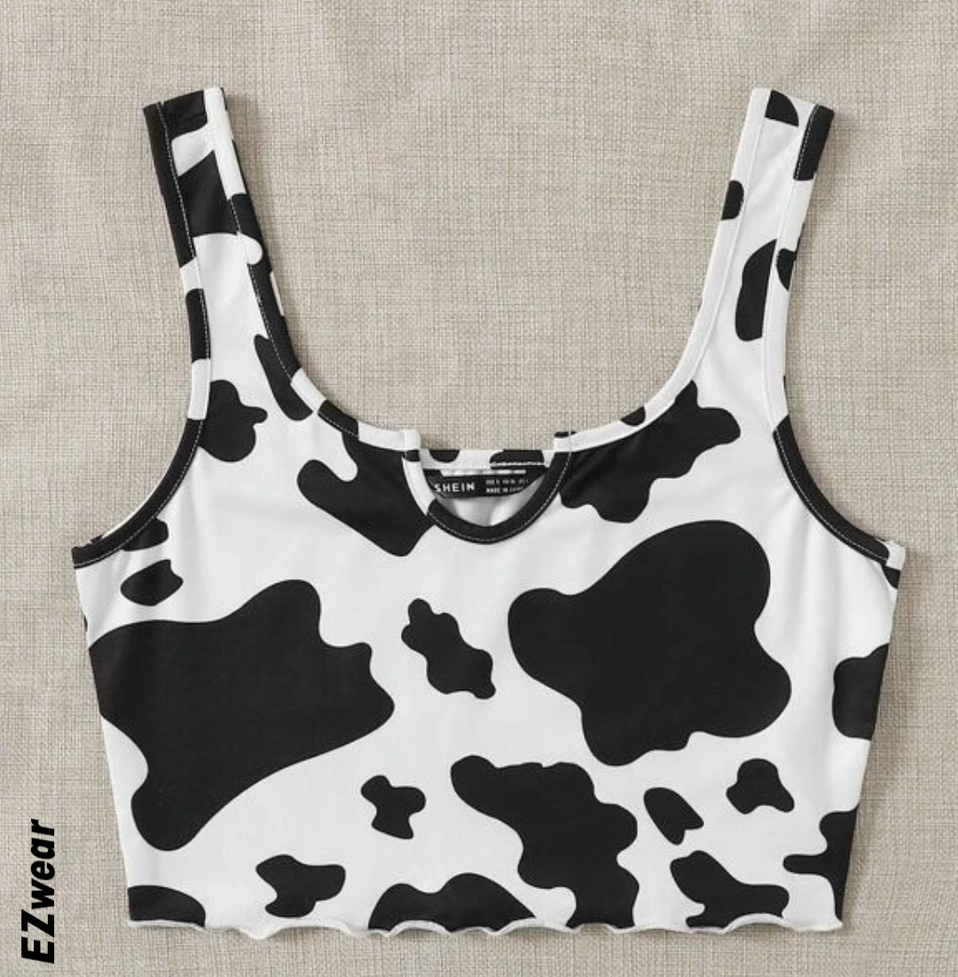 SHEIN EZwear Cow Print Lettuce-Edge Cropped Tank Top | SHEIN USA