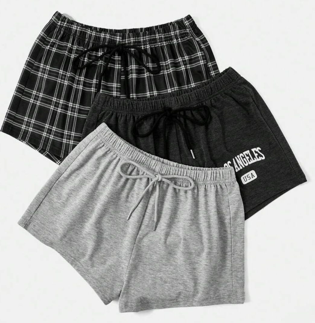 SHEIN 3pcs Plaid & Letter Graphic Tie Front Lounge Shorts | SHEIN USA