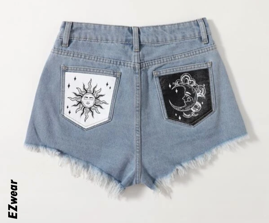 SHEIN EZwear Sun & Moon Print Denim Shorts | SHEIN USA