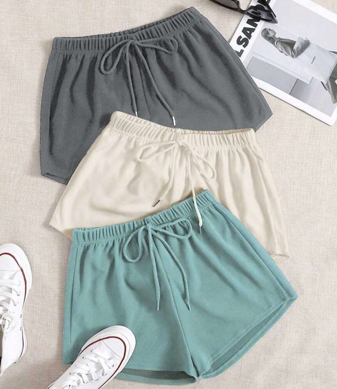 3pcs Solid Knot Waist Lounge Shorts | SHEIN USA