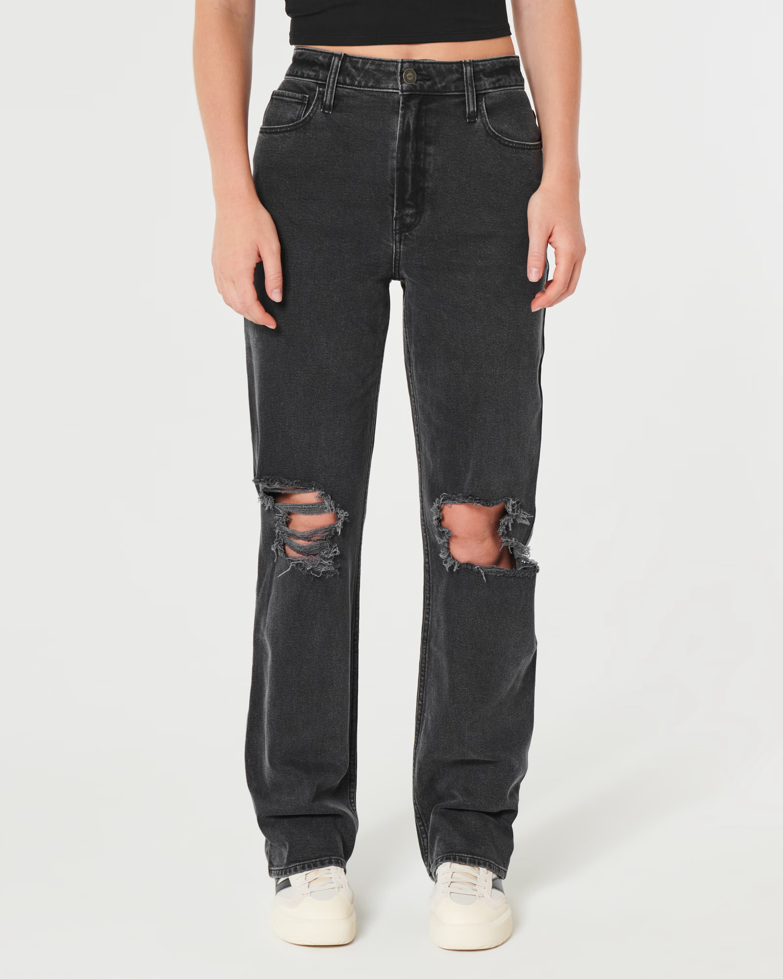 ULTRA HIGH-RISE RIPPED WASHED BLACK DAD JEANS
