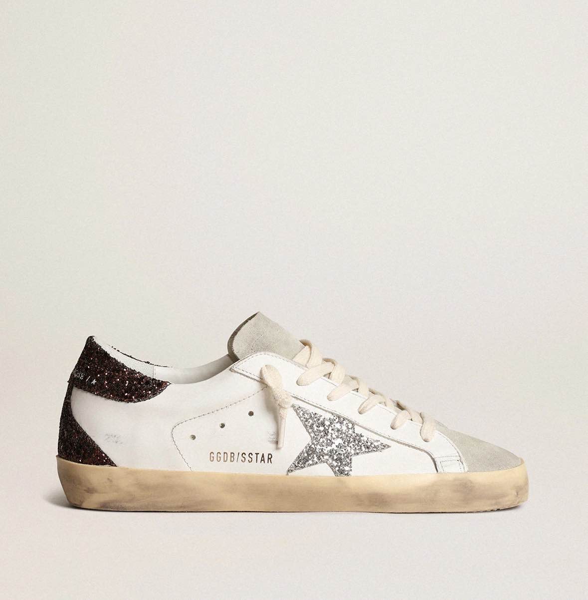 golden goose Super- star with silver star and brown glitter heel tab