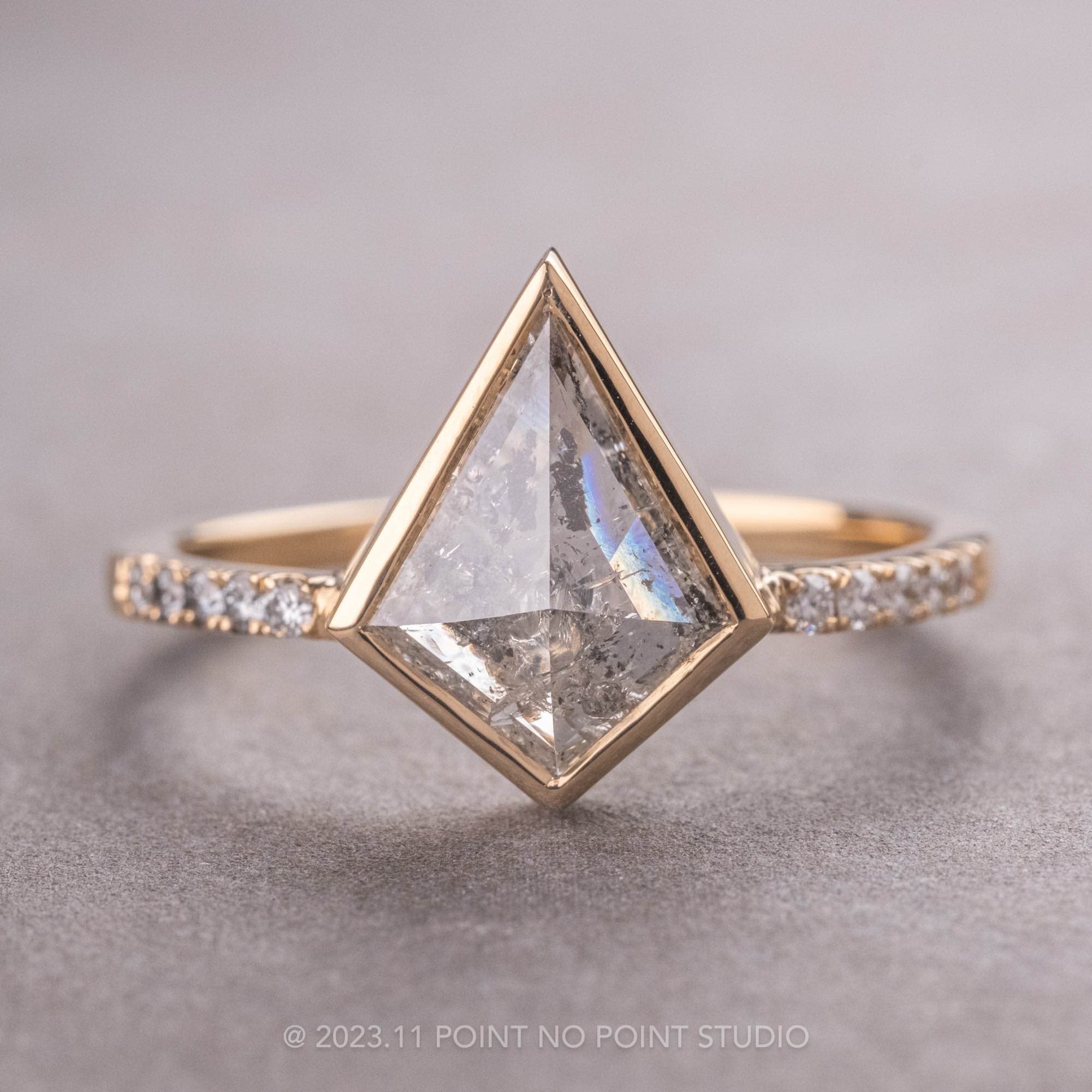 1.17 Carat Salt and Pepper Kite Diamond Engagement Ring, Bezel Jules Setting, 14K Yellow Gold