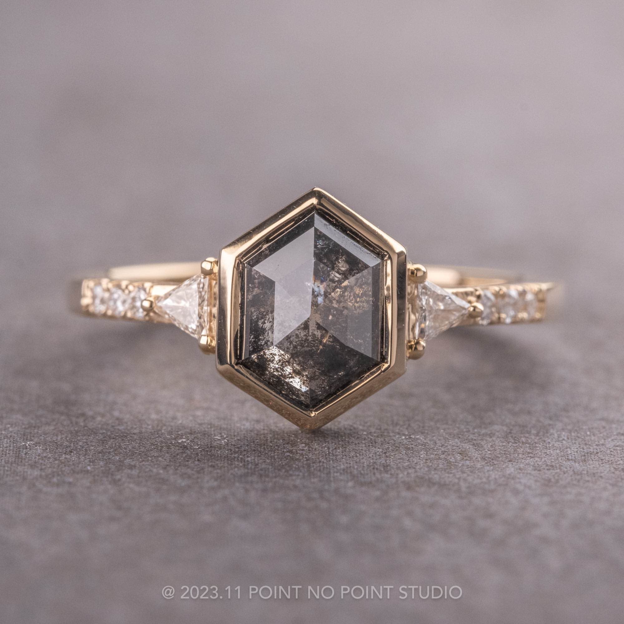 1.56 Carat Black Speckled Hexagon Diamond Engagement Ring, Bezel Eliza Setting, 14K Yellow Gold