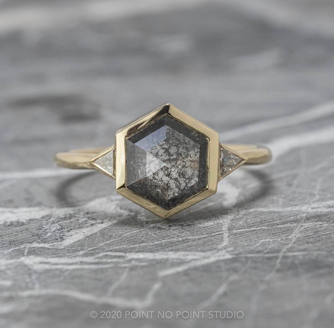 1.21 Carat Black Speckled Hexagon Diamond Engagement Ring, Zoe Setting, 14K Yellow Gold