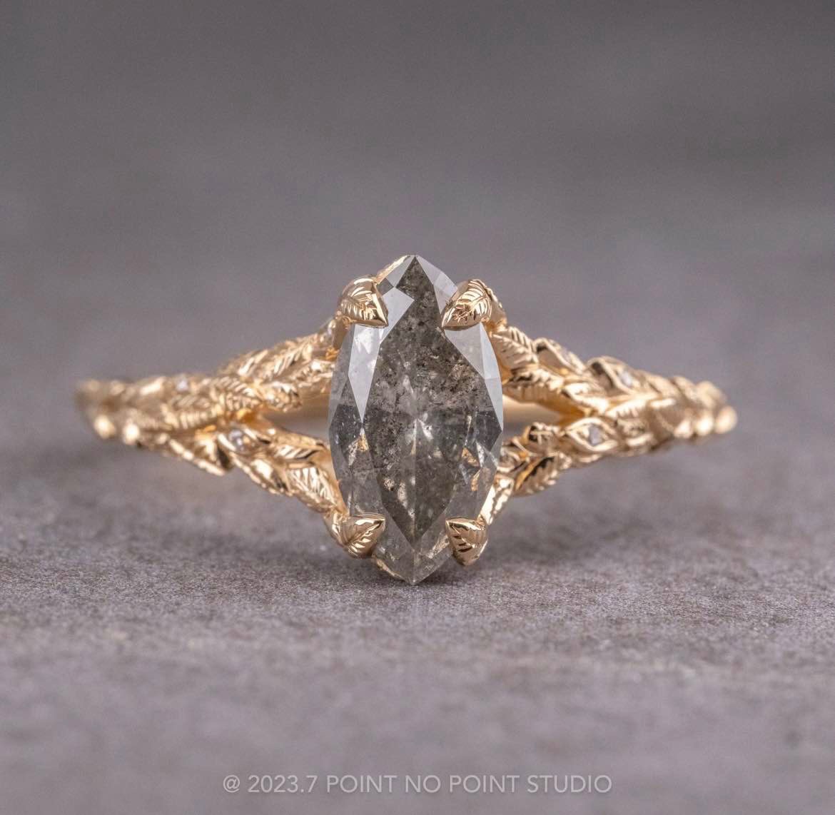 1.15 Carat Salt and Pepper Marquise Diamond Engagement Ring, Pixie Setting, 14K Yellow Gold