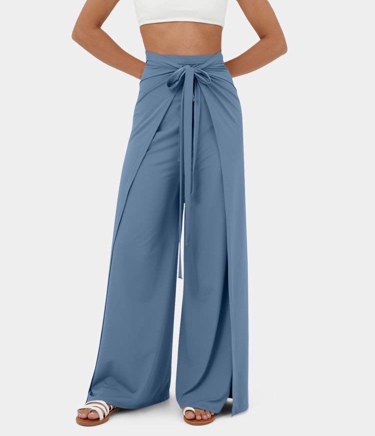 High Waisted Tie Front Split Hem Palazzo Wide Leg Flowy Casual Pants