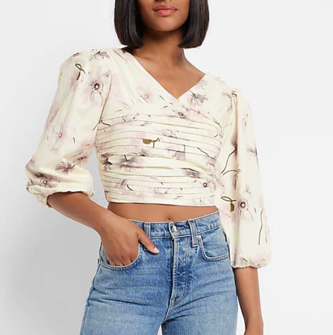 Poppies Print Linen-Blend Ruched Cropped Top