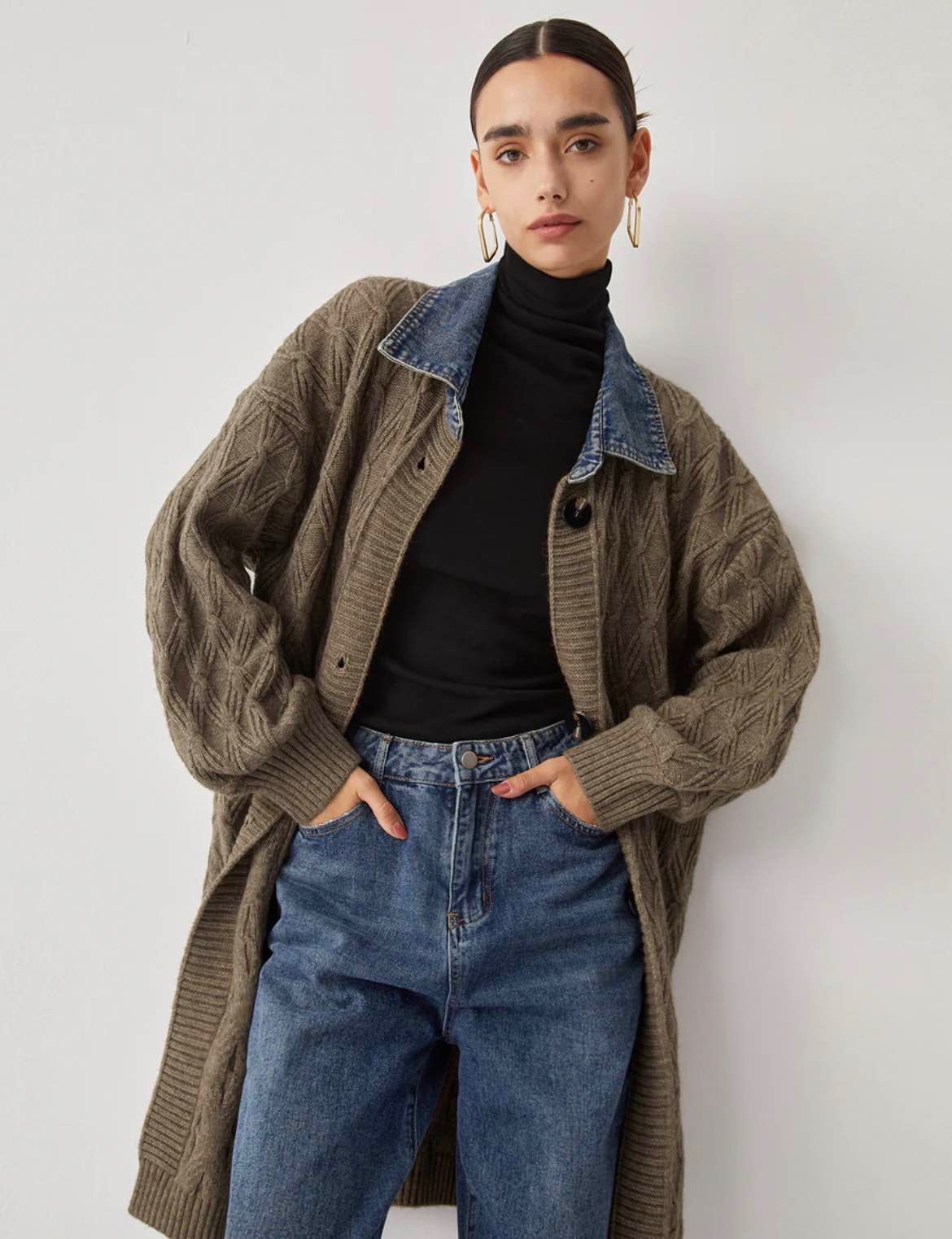 Diamond Stitch Knitting Longline Cardigan