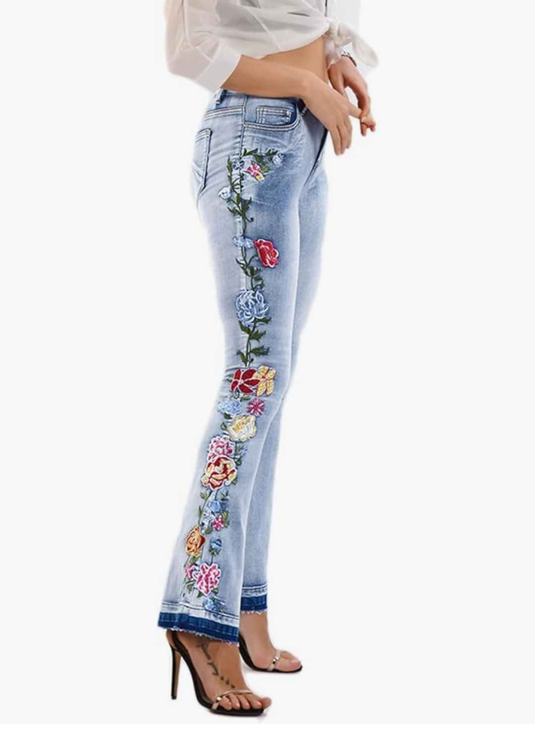 Bell Bottom Jeans for Women Flared Floral Embroidered Jean Wide Leg Denim Pants (as1, Numeric, Numeric_16, Regular, Regular, E-Blue)