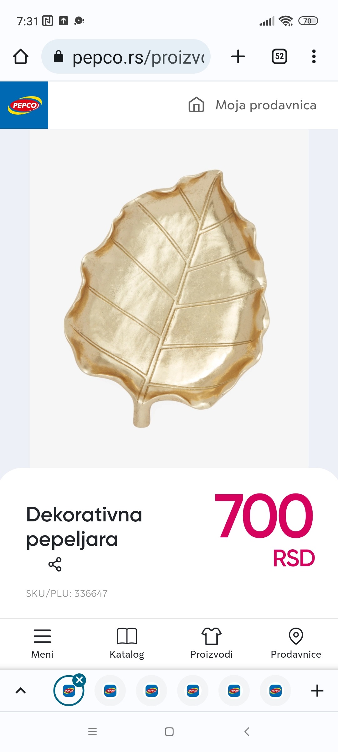 Zlatna dekorativna pepeljara, 700 RSD. PEPCO