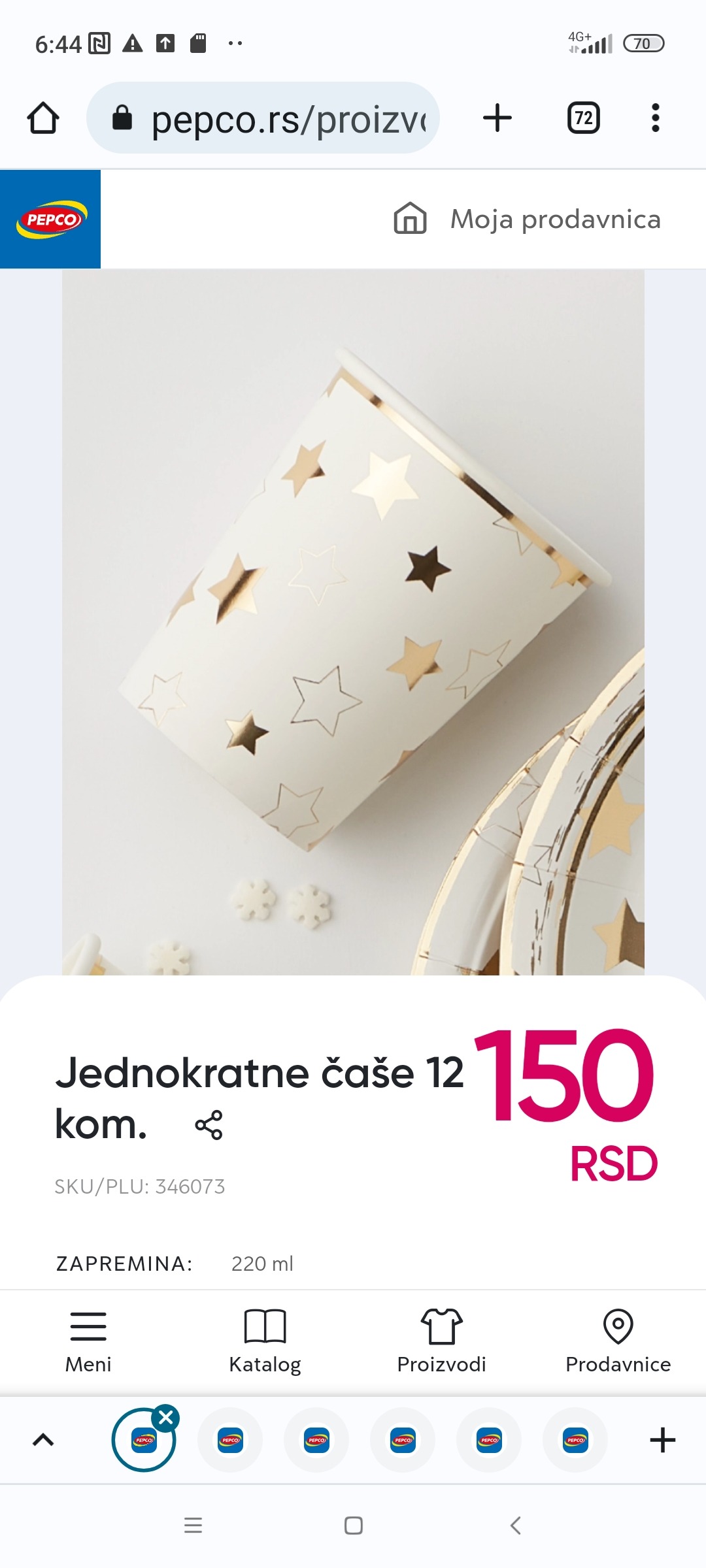 Papirne čaše za jednokratnu upotrebu 12 kom., 150 RSD. PEPCO