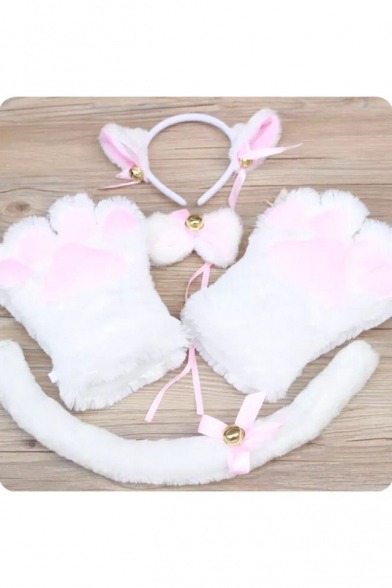 Cute Black and Pink Cat Paws Mittens Faux Fur Tail Bow Tie Ears Headband Cosplay Set