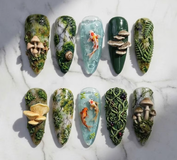 Forest Moss Press On Nails Koi Fish Nature Garden Nails Handmade Reusable Fake Nails Mushroom Moss 3D Nature Nail Art Set