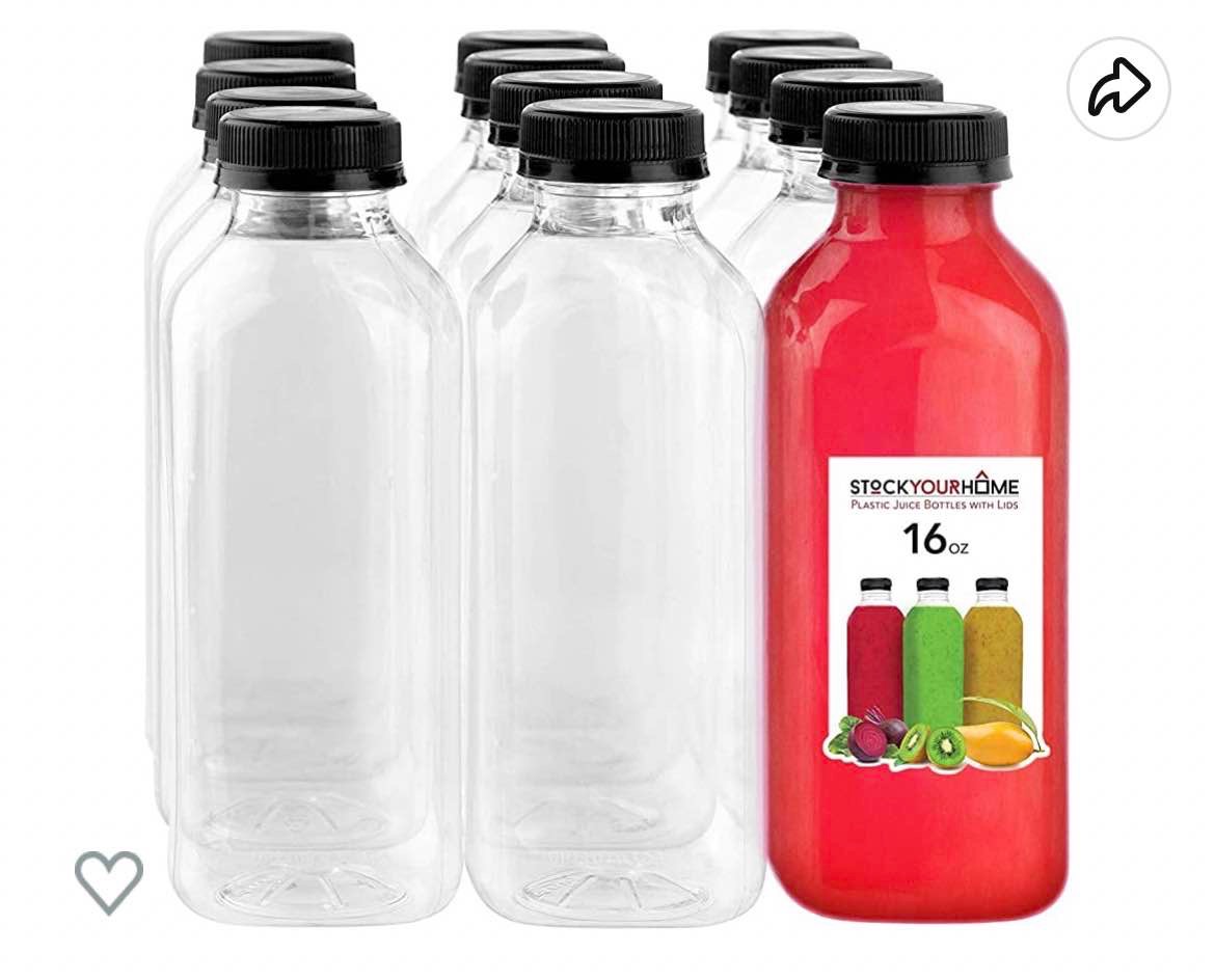 Juice Bottles with Caps for Juicing & Smoothies, Reusable Clear Empty Plastic Bottles with Caps, 16 Ounce Drink Containers for Mini Fridge, Juicer Shots, Small Water Bottles Bulk 16 oz (12 Pack)