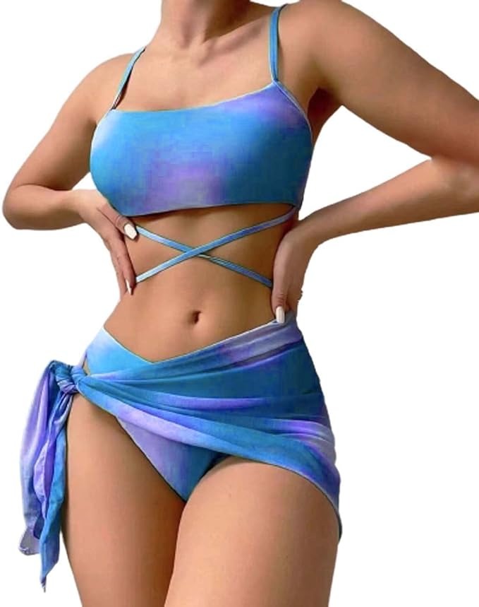 Bikini Set with Sarong Skirt, Tie Sling Bikini Top + Triangle Cheeky Low Waist Bottom + Coverups, 3 Piece Swimsuit