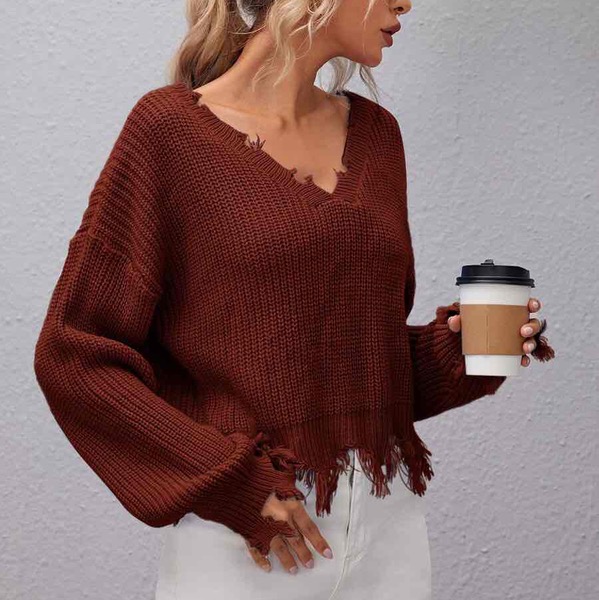 Distressed Hem Rib-knit Sweater