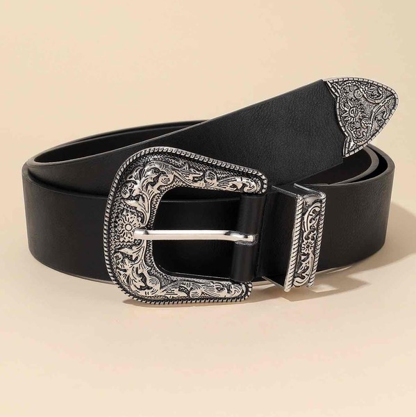 Faux Leather Engraved Buckle Belt