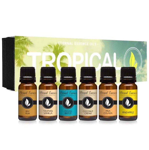 Tropical Gift Set of 6 Premium Grade Fragrance Oils - Coconut Cream, Bay Rum, Pina Colada, Tahitian Vanilla, Ocean Breeze, Pineapple - 10Ml - Scented Oils