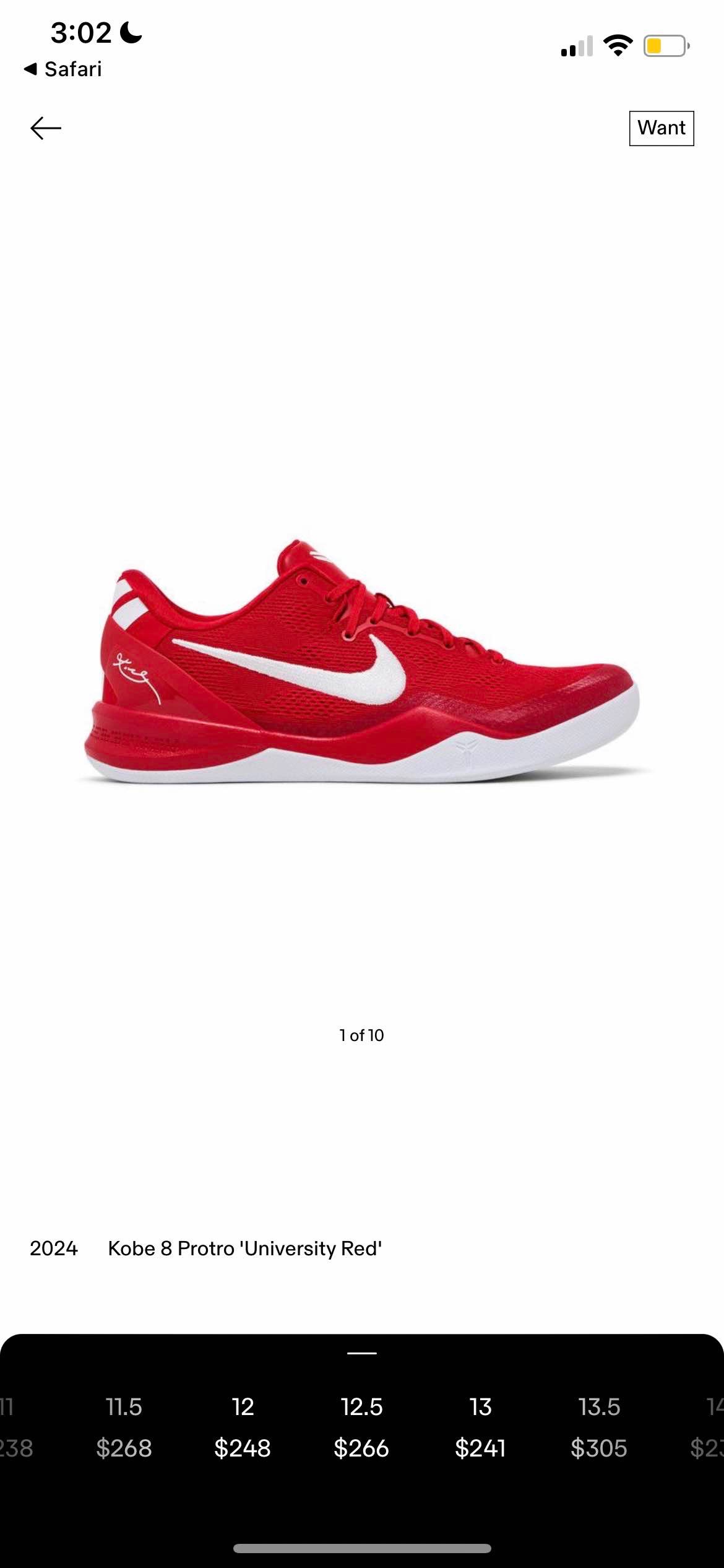 Kobe 8 Protro 'University Red' size 10