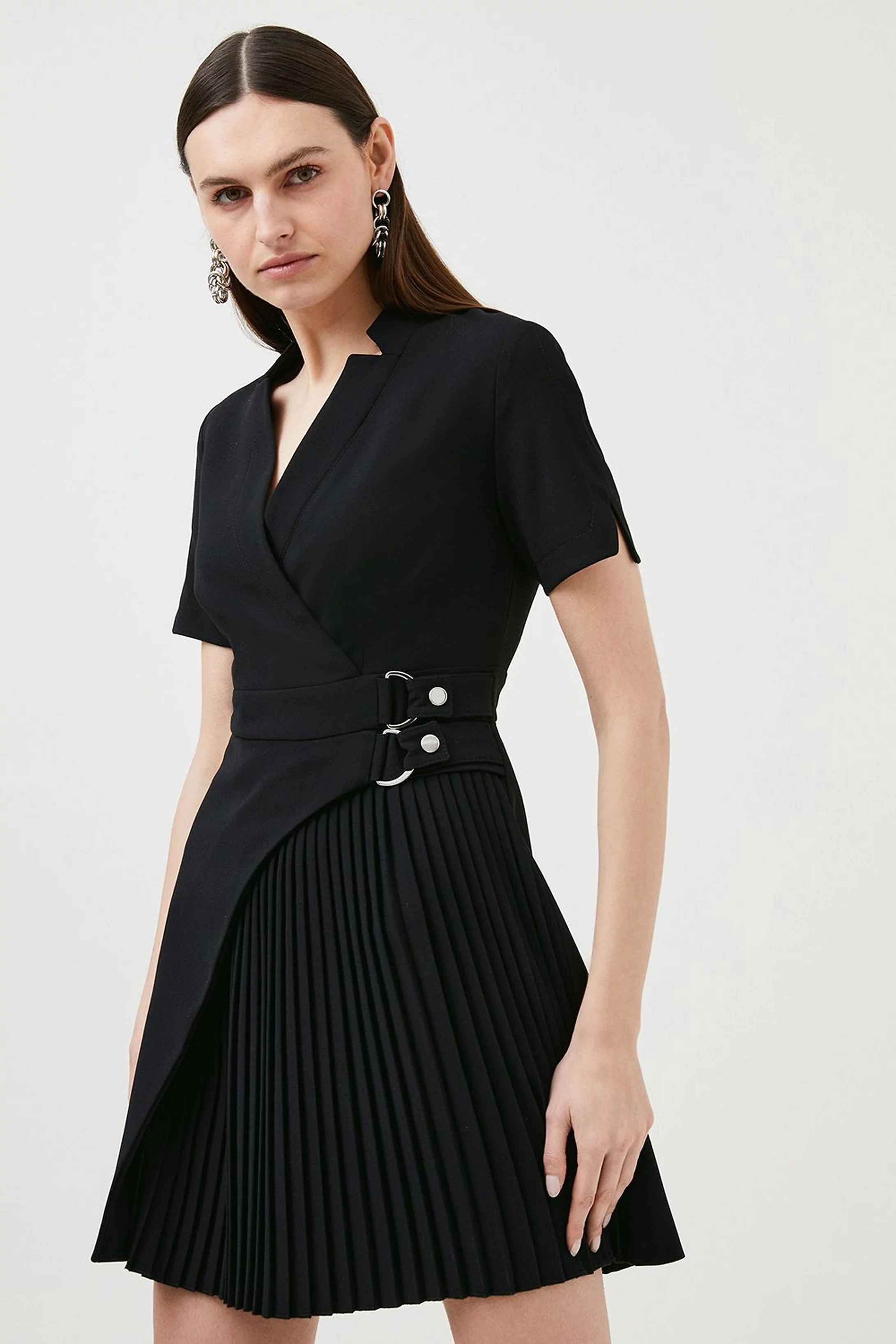 Military Pleat Notch Neck Wrap Mini Dress