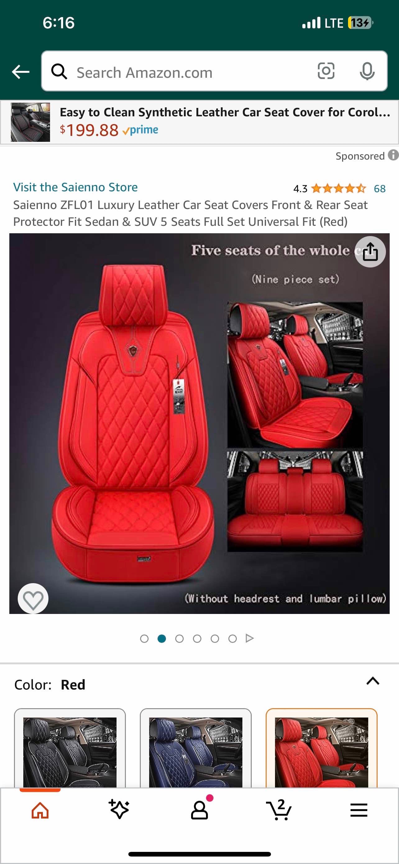 Saienno ZFL01 Luxury Leather Car Seat Covers Front & Rear Seat Protector Fit Sedan & SUV 5 Seats Full Set Universal Fit (Red)