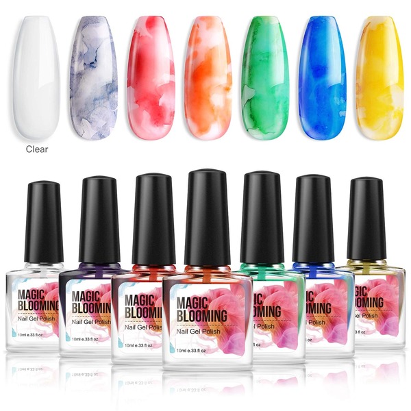 Modelones Nail Ink, Magic Blooming Nail Polish, Watercolor Blossom Nail Varnish Art Flower Marble Autumn Design Manicure, Watercolor Alcohol, Red Orange 7 Colors 10ml each
