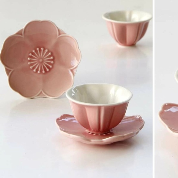 2pcs Cherry Blossoms Shaped Ceramic Cup With Saucer