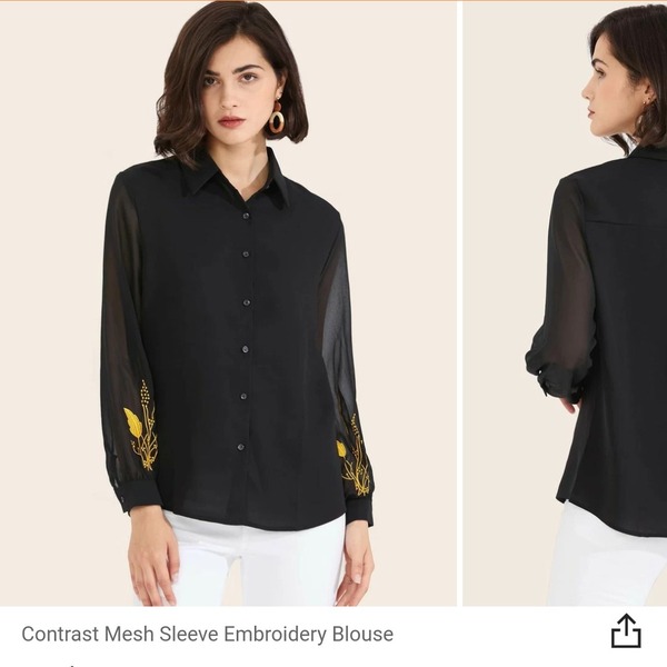Contrast Mesh Sleeve Embroidery Blouse