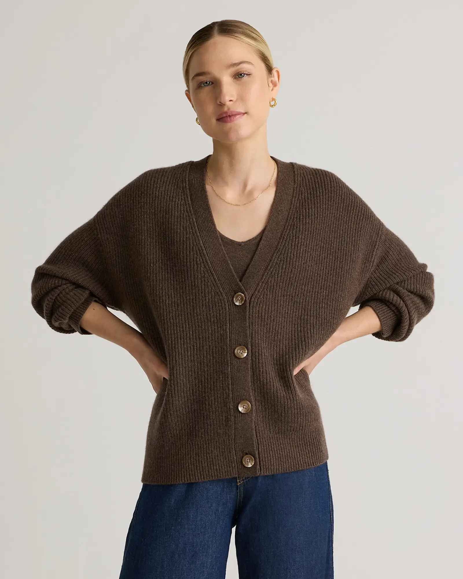 Mongolian Cashmere Fisherman Cropped Boxy Cardigan Sweater in Brown